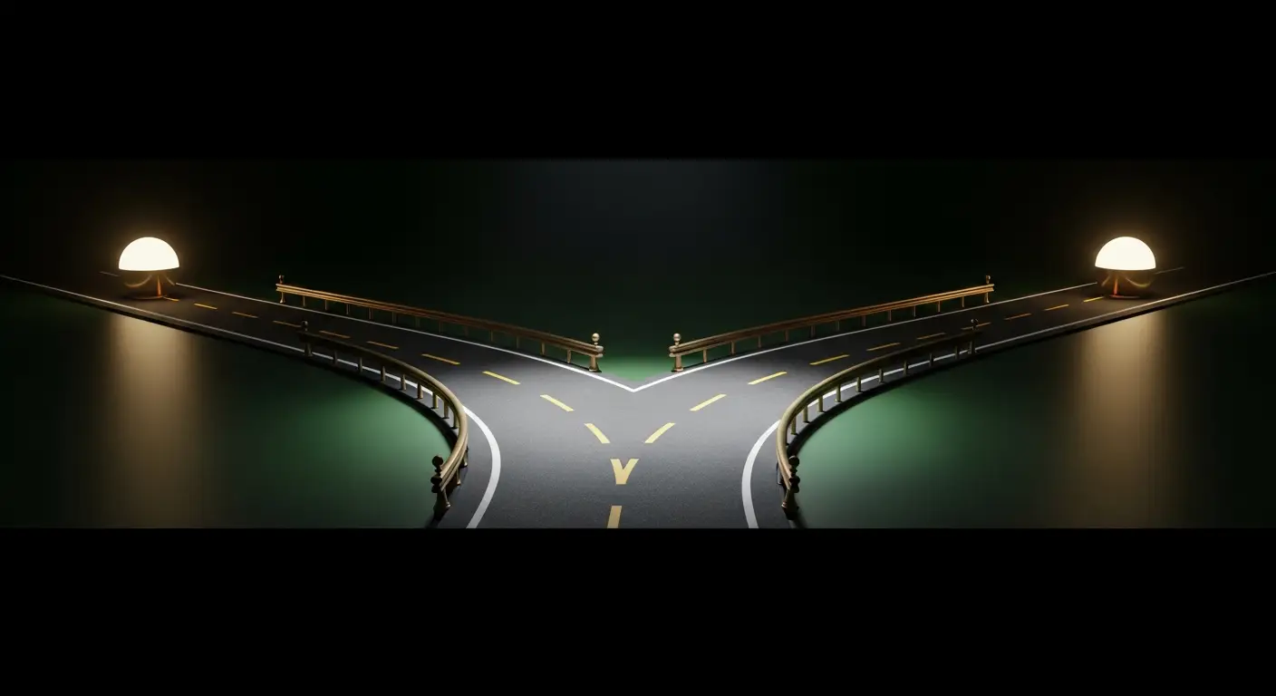 hero-venture-debt-2 - SaasCEO.com What Venture Debt Costs: Interest Rates and Warrants — A fork in a polished road with different lighting on each pa