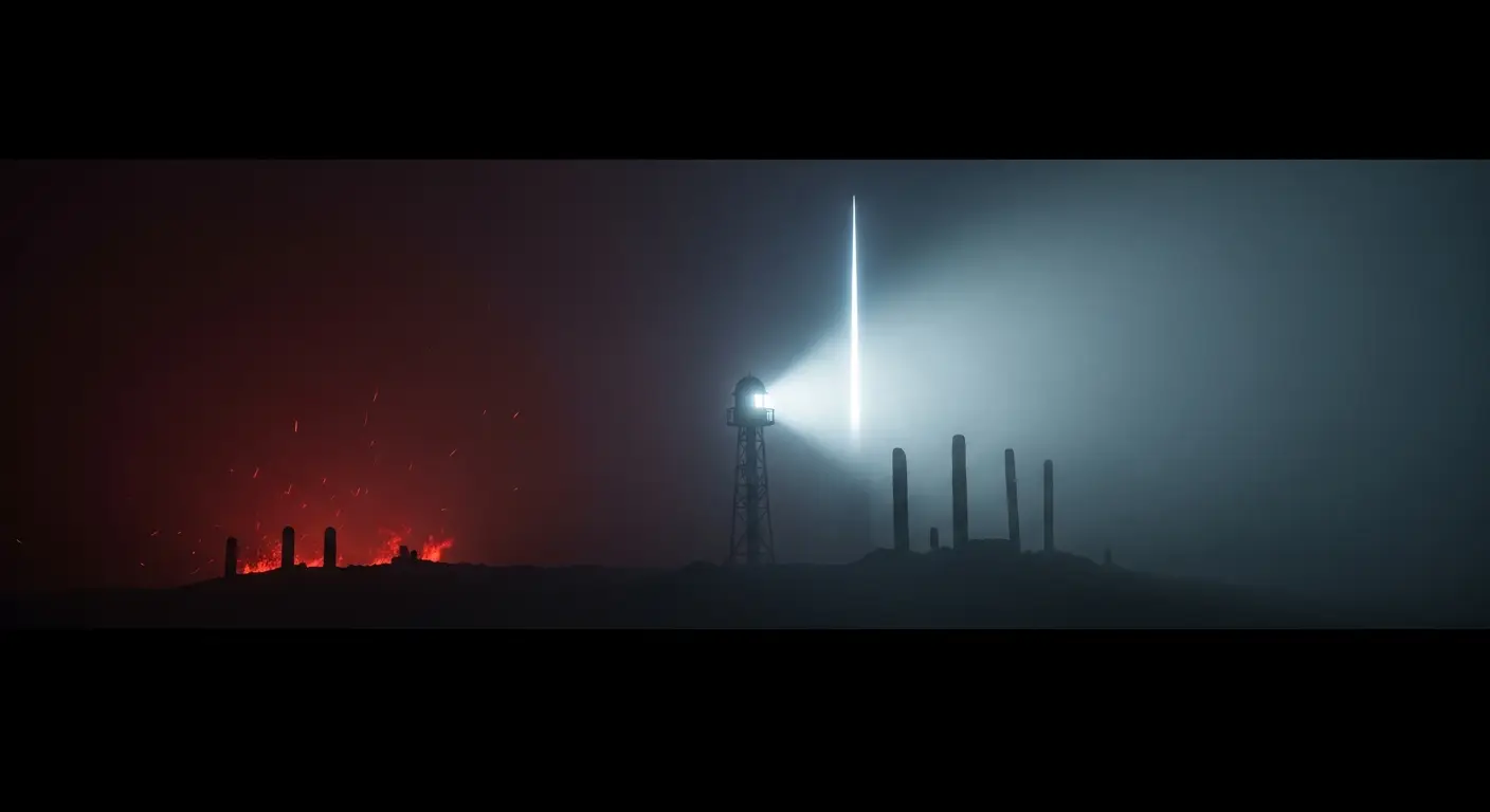 hero-venture-debt-5 - SaasCEO.com The Subordination Trap: Why Debt Stacking Breaks — Warning beacon cutting through fog, illuminating obstacles a