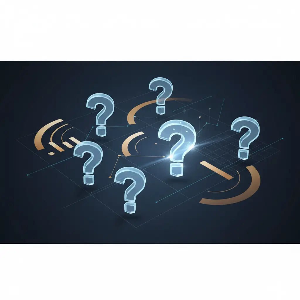 hero-what-is-a-good-ebitda-margin-11 - SaasCEO.com Frequently Asked Questions about EBITDA margin — A grid of six floating question-mark glyphs rendered in lumi