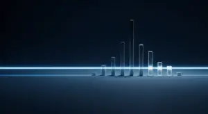 hero-what-is-a-good-ebitda-margin - SaasCEO.com Blue-glow bar chart on a dark gradient background, rising to a peak and tapering, with a glowing horizontal baseline.
