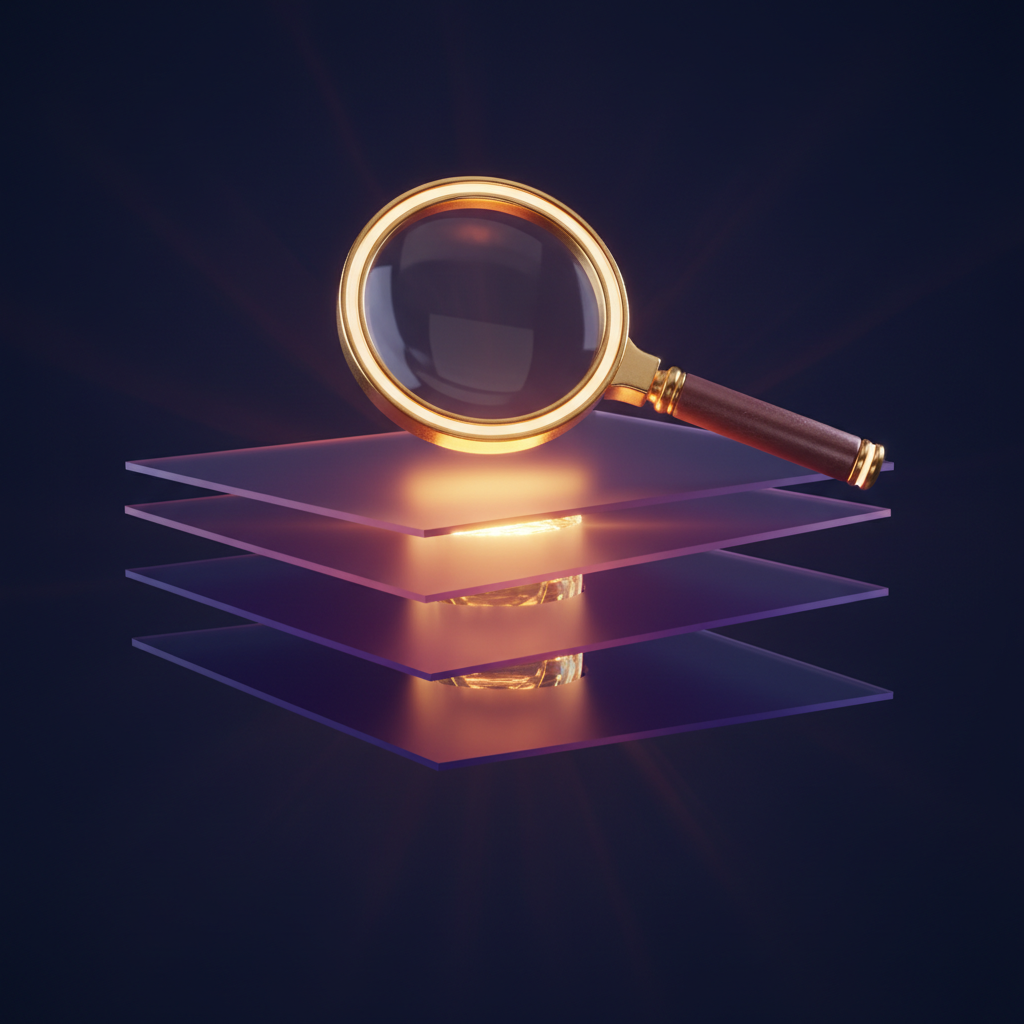 hero-what-is-a-good-ebitda-margin-6 - SaasCEO.com Quick Definition: What EBITDA Margin Actually Measures — A magnifying glass hovering over a horizontal stack of trans