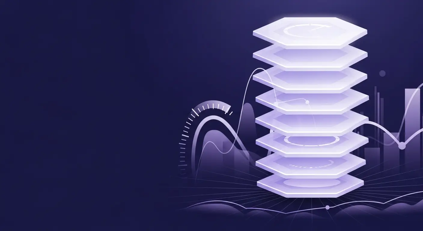 hero-what-is-saas-2 - SaasCEO.com Characteristics of SaaS Applications — Vertical stack of translucent hexagonal plates slightly rota