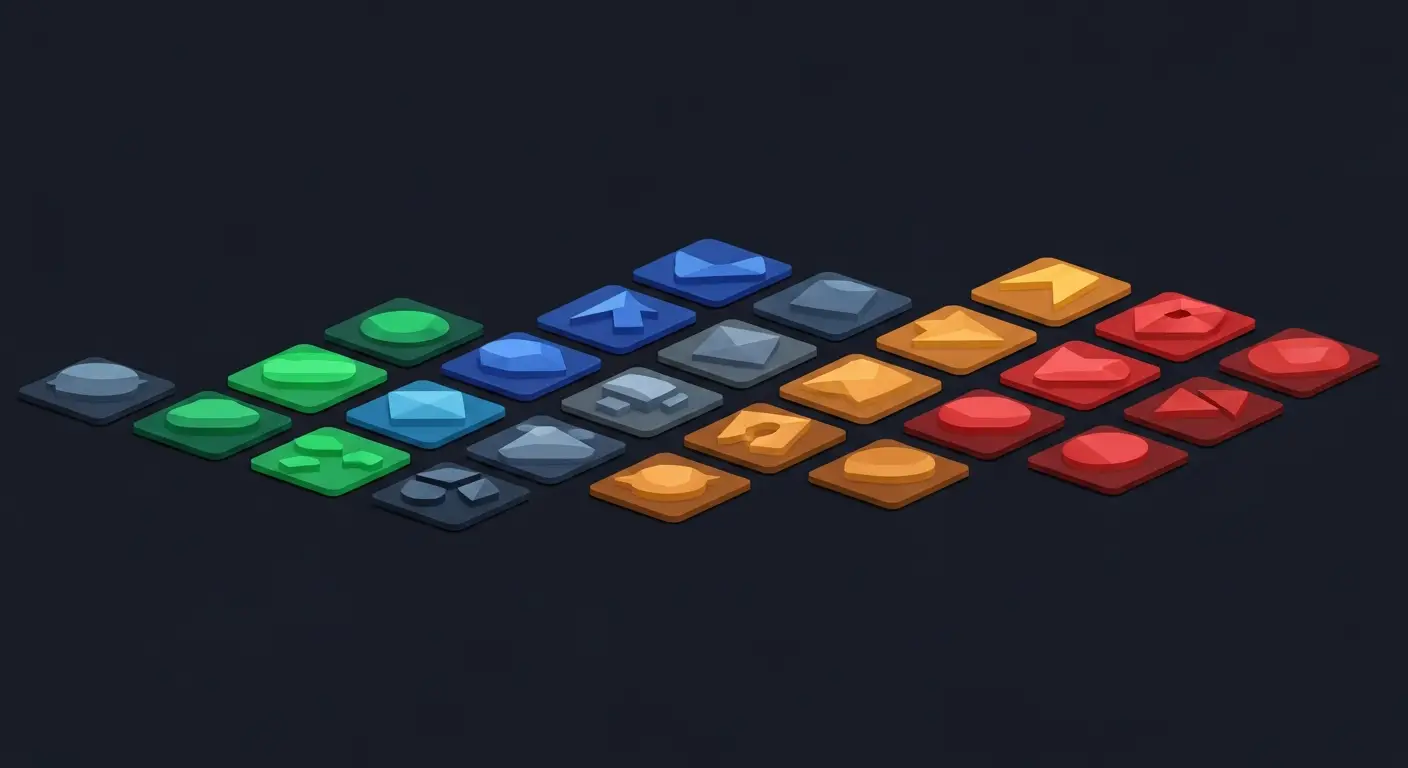 hero-what-is-saas-5 - SaasCEO.com Common SaaS Applications by Category — Clean isometric grid of distinct geometric tiles arranged in