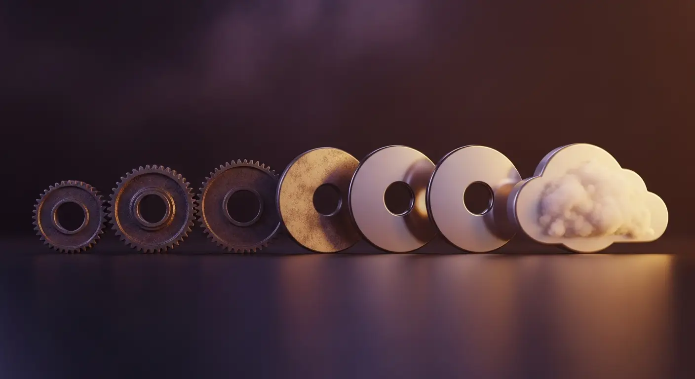 hero-what-is-saas - SaasCEO.com History and Evolution of SaaS — Row of five weathered mechanical gears progressively transfo