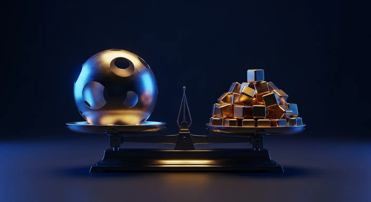 how-to-calculate-tam-hero-1 - SaasCEO.com Bottom-Up vs Top-Down TAM — A balanced apothecary scale on a dark surface, one pan holdi