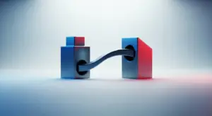 Two abstract blue and pink cubes linked by a curved tunnel, symbolizing connection.
