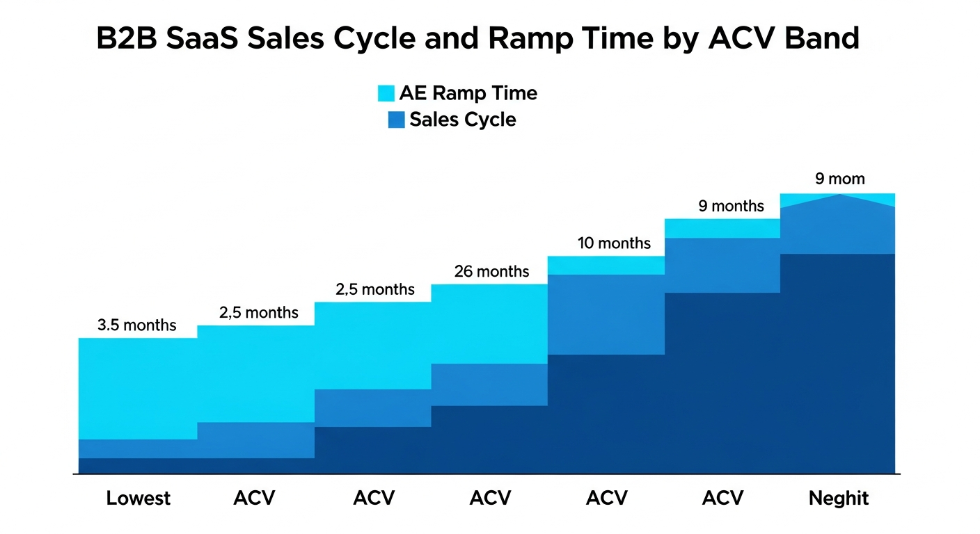 how-to-sell-saas-b2b-supp-24907-replace - SaasCEO.com Stacked bar chart titled'B2B SaaS Sales Cycle and Ramp Time by ACV Band' showing AE Ramp Time (cyan) and Sales Cycle (blue) by ACV band; ramp time increases from about 3.5 months at the lowest band to around 9 months at the highest, with sales cycle adding on top at higher bands.