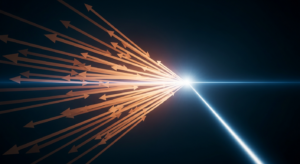 Many orange arrows converge toward a bright light on the right, set against a dark space-like background with a blue diagonal beam.