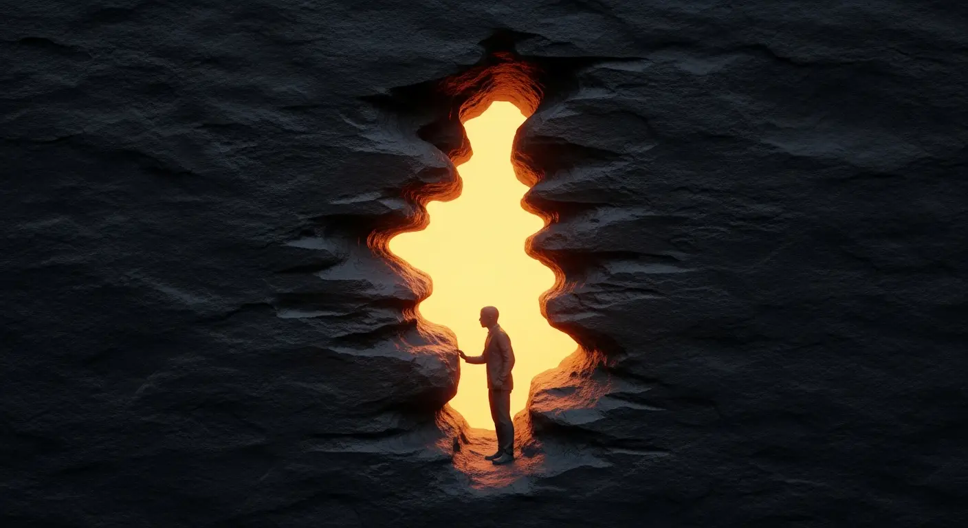 ideal-customer-profile-replace-2 - SaasCEO.com Making the Final ICP Decision — A single deep aperture carved into a slab of charcoal stone, the cavity lined with warm saffron light glowing from within — commitment rendered as a precisely sculpted void where uncertainty has been removed by chiselwork.