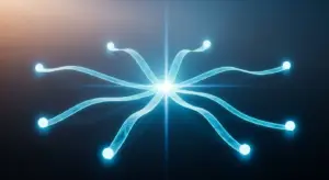 Central bright hub with eight glowing blue tendrils extending outward to blue endpoints.