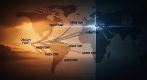 indirect-distribution-channels-hero - SaasCEO.com - SaasCEO.com Global shipping routes from Origin Port to multiple Harbon Towns, red and blue paths shown across the map