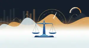 Blue balance scales centered against abstract finance charts and wave patterns, symbolizing justice in finance/oversight.
