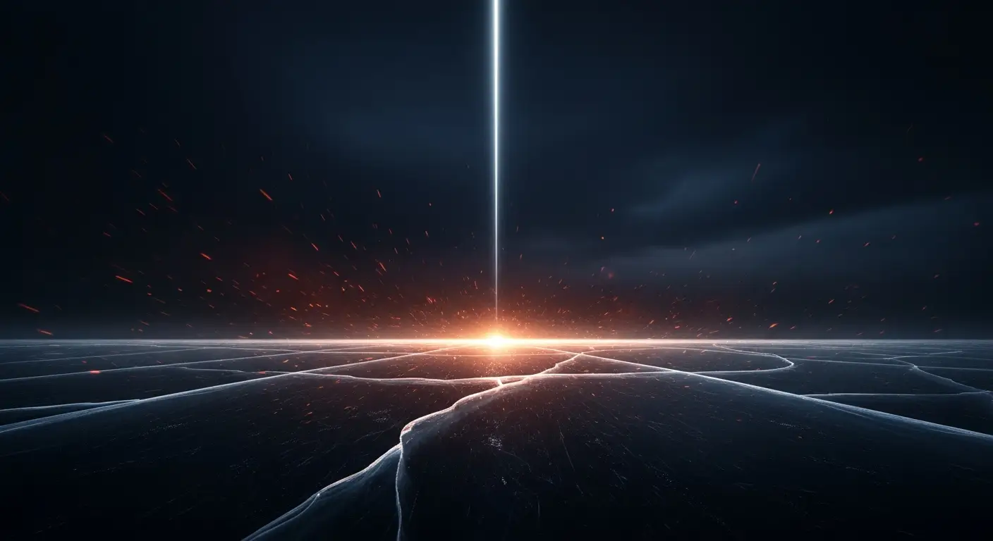 investment-thesis-sample-hero-3 - SaasCEO.com Investment Thesis Failure Patterns — A cracked sheet of dark ice across the lower half of the fra