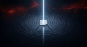 investment-thesis-sample-new-hero - SaasCEO.com - SaasCEO.com Abstract sci‑fi energy field: vertical light beam through a central curved sheet with layered translucent rings against a dark, smoky background with red sparks.