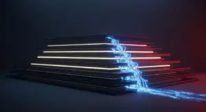 liquidation-preference-new-hero - SaasCEO.com - SaasCEO.com Abstract pyramid of stacked black shelves with white and red neon lights, blue energy flowing down the side.
