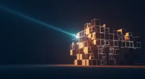 Abstract modular sculpture of glowing orange and glass cubes on a dark floor, with a blue light beam from the left.