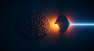 Abstract sci-fi scene with a dense cluster of small dark cylinders on the left, glowing orange light behind a blue hexagonal shape before a bright blue line to the right.