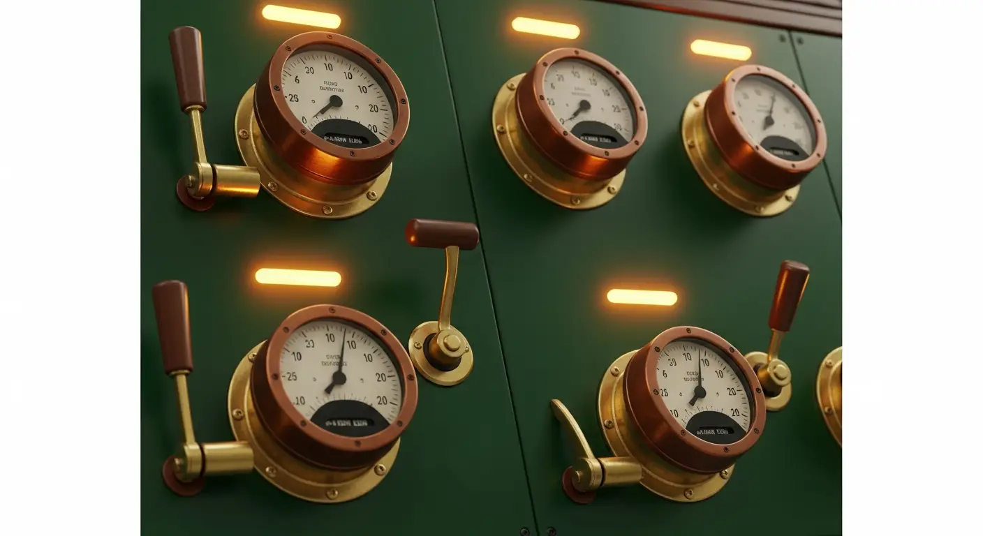 market-differentiation-replace-1 - SaasCEO.com the five operational levers of SaaS market differentiation — Five vintage brass-and-copper control dials mounted in a forest-green enamel panel, each dial set to a different angular position with a faint amber glow above its indicator — operational levers rendered as the controls of a mid-century engineering console.