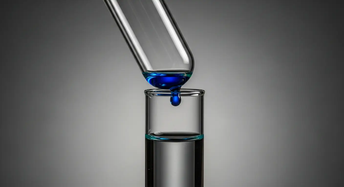 market-differentiation-replace-2 - SaasCEO.com how to test whether your SaaS market differentiation is real — A glass test tube held against a graphite-gray laboratory backdrop, a single drop of bright cobalt indicator just descending into the clear solution beneath it — the empirical test that reveals whether claimed differentiation actually exists under market conditions.