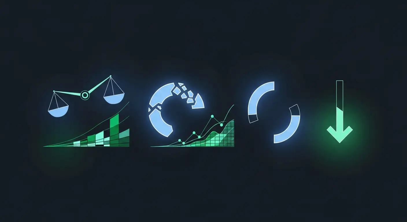 mrr-arr-hero-1 - SaasCEO.com Four common ways SaaS founders miscalculate MRR and ARR — Four distinct geometric shapes arranged in a horizontal row