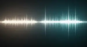 Abstract audio waveform visualization across a dark teal gradient, with bright peaks running horizontally from left to right.