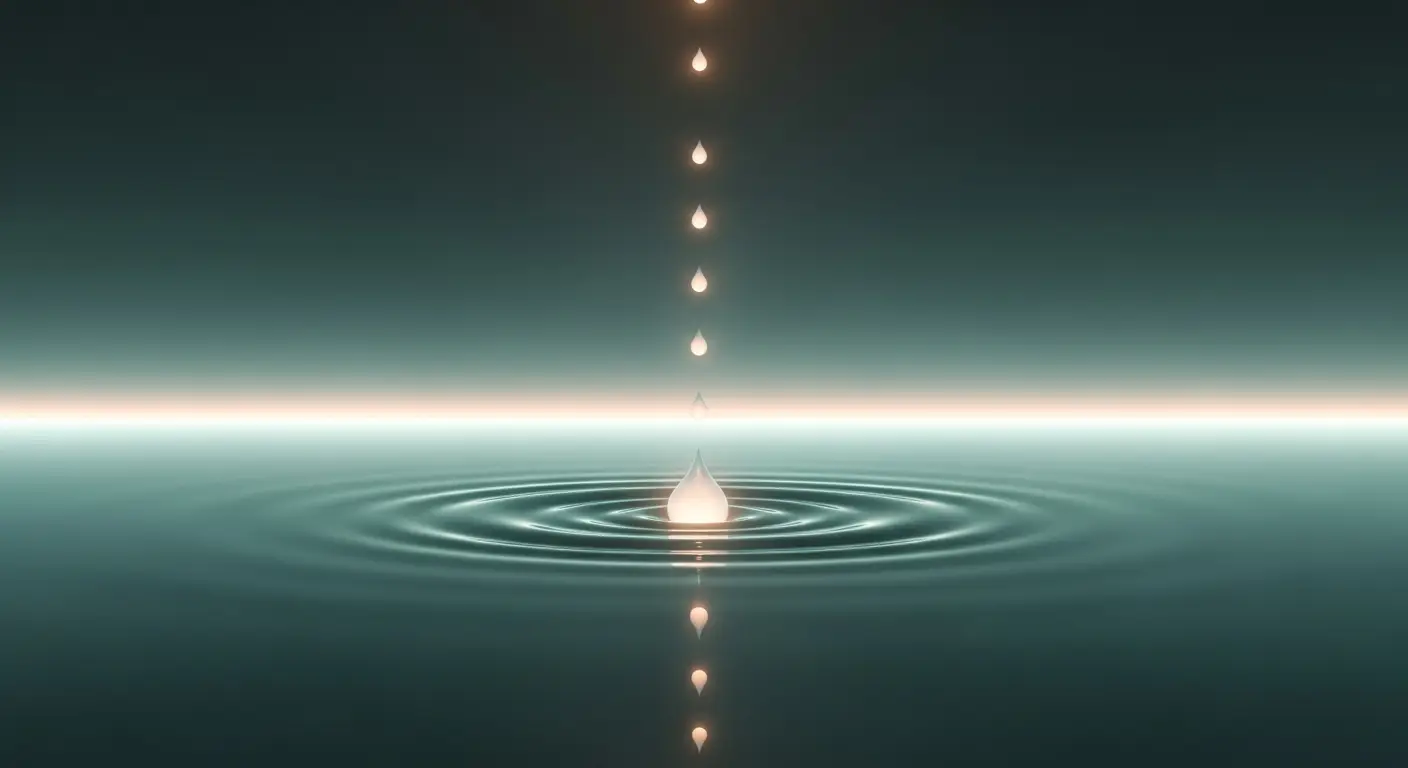 mrr-churn-2-supp-25621-replace - SaasCEO.com Worked MRR churn example at 5M ARR — A purely abstract editorial illustration filling the whole frame: soft glowing droplets steadily leaving a luminous reservoir while the pool holds its level, suggesting revenue quietly leaking from a recurring base, soft graphite and teal tones with a warm accent, centered full-bleed composition, no text
