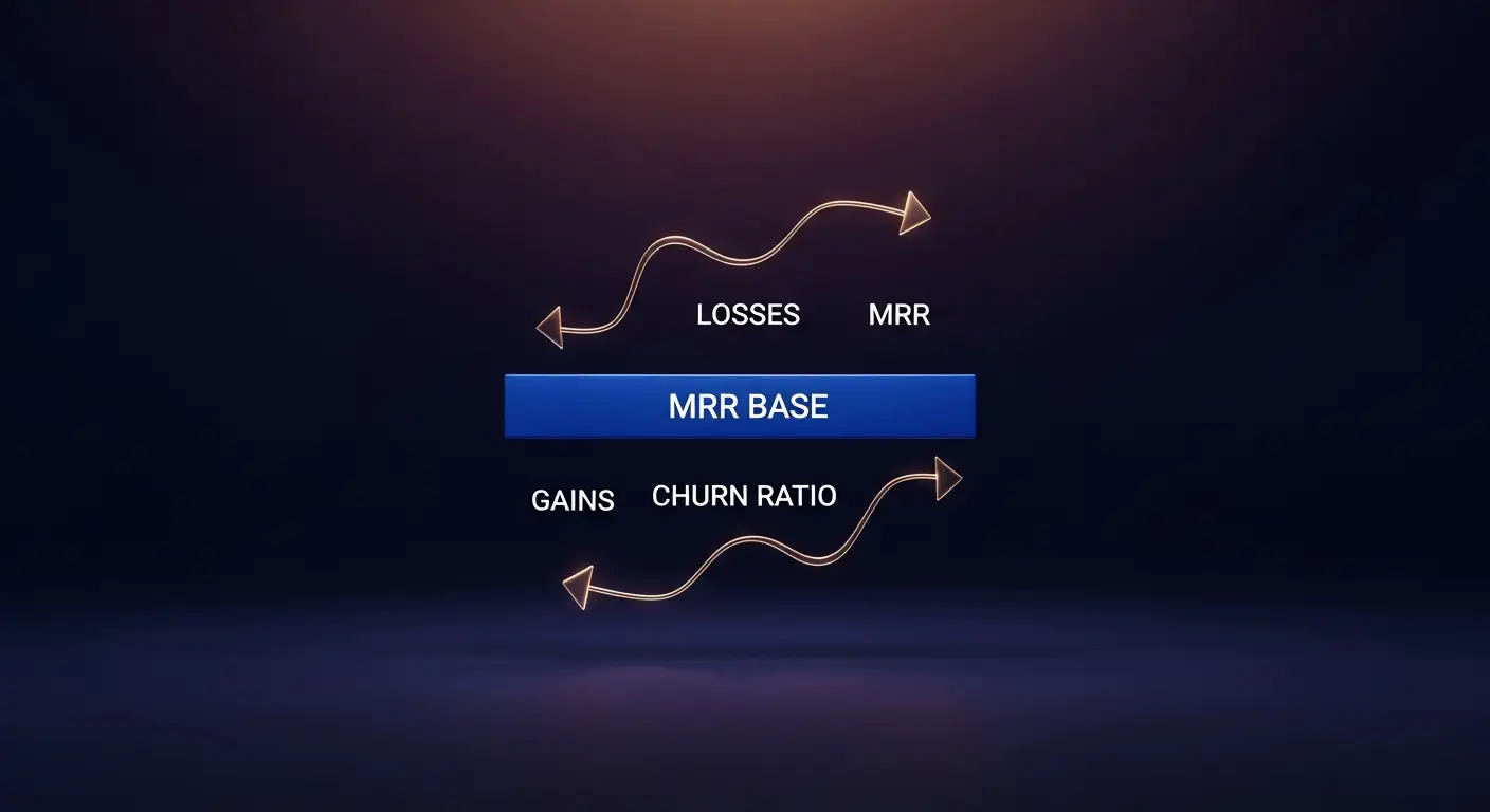 mrr-churn-hero-1 - SaasCEO.com a worked-example MRR churn calculation at M ARR — a clean editorial composition on a deep navy field showing a starting MRR balance, cancellation and downgrade arrows leaving the base, and the resulting churn percentage