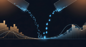 mrr-churn-new-hero - SaasCEO.com - SaasCEO.com Two beakers pour blue droplets into a dark background, creating rising and falling bar and line graphs at the center.