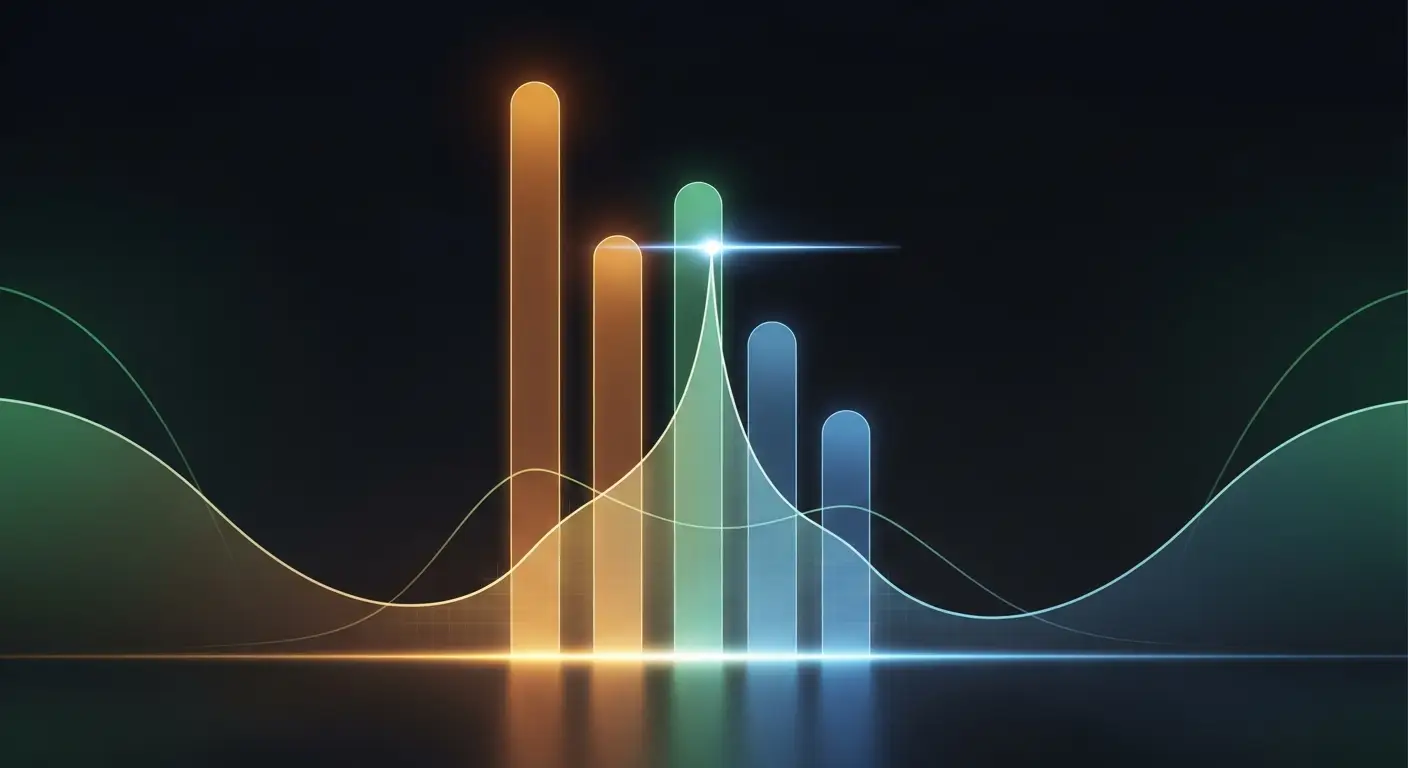 mrr-metrics-hero-1 - SaasCEO.com The four MRR component metrics combining into Net New MRR — Four translucent vertical bands of light rising from a dark