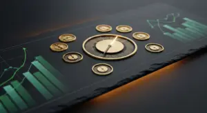 mrr-metrics-hero - SaasCEO.com Time is money: a gold clock surrounded by coins on a dark financial chart background with green bar graphs and lines behind it, symbolizing monetary value over time.