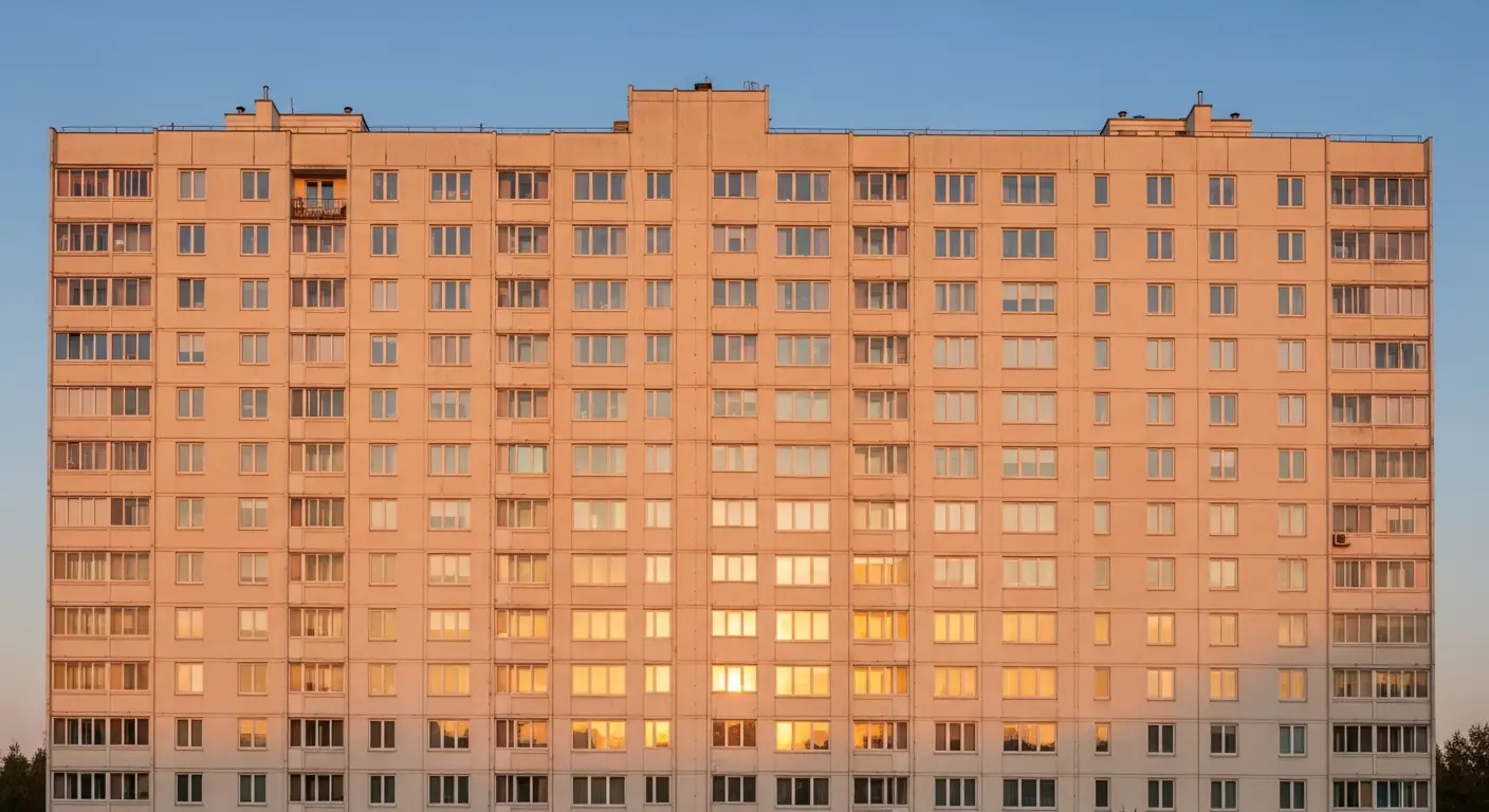 multi-tenancy-architecture-supp-24951-replace - SaasCEO.com Multi-tenancy architecture — one grand sunlit apartment building of pale stone with dozens of identical bright windows each glowing in a slightly different warm hue, the facade filling the entire frame edge to edge under a clear morning sky