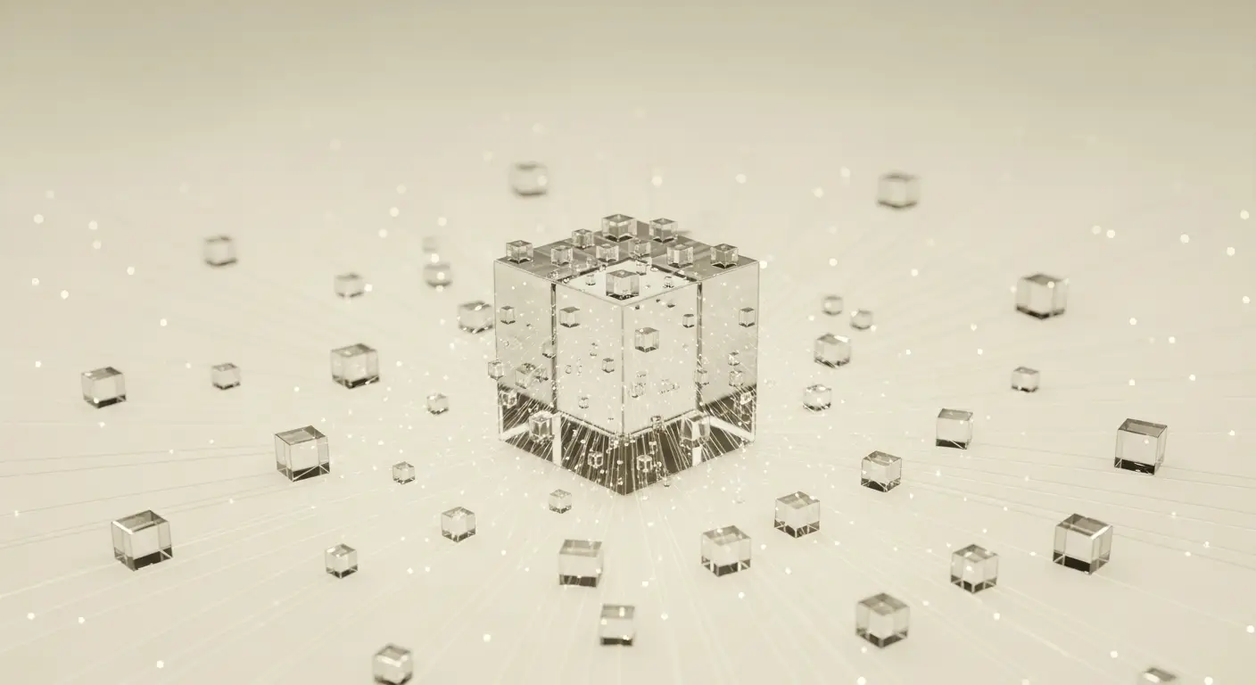 multi-tenancy-architecture-supp-24954-replace-2 - SaasCEO.com Multi-tenancy architecture — a single large translucent glass cube at the center of a bright ivory background, with many identical small glass cubes connected to it by slender luminous threads radiating in all directions, soft even daylight filling the entire frame edge to edge