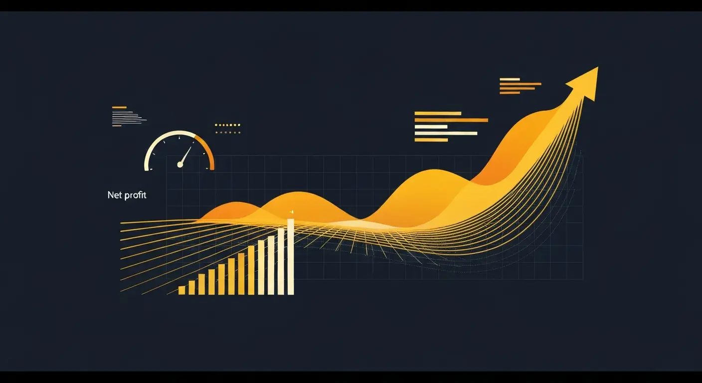 net-profit-formula-hero-1 - SaasCEO.com Abstract visualization of small low net-profit streams deliberately channeled into a dramatically ascending valuation curve — Abstract visualization of small low net-profit streams delib