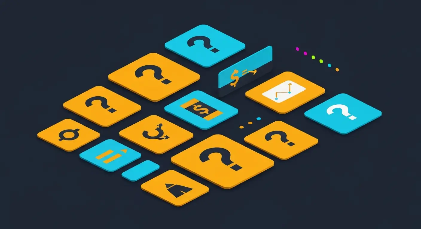 net-profit-formula-hero-2 - SaasCEO.com Clean arrangement of minimalist question cards, some showing a question mark and others a glimpse of a financial formula — Clean arrangement of minimalist question cards, some showing