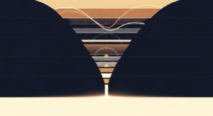 net-profit-formula-hero-4 - SaasCEO.com - SaasCEO.com Abstract funnel composed of stacked angular layers in warm gold and cream tones, narrowing toward a glowing base on a dark background.