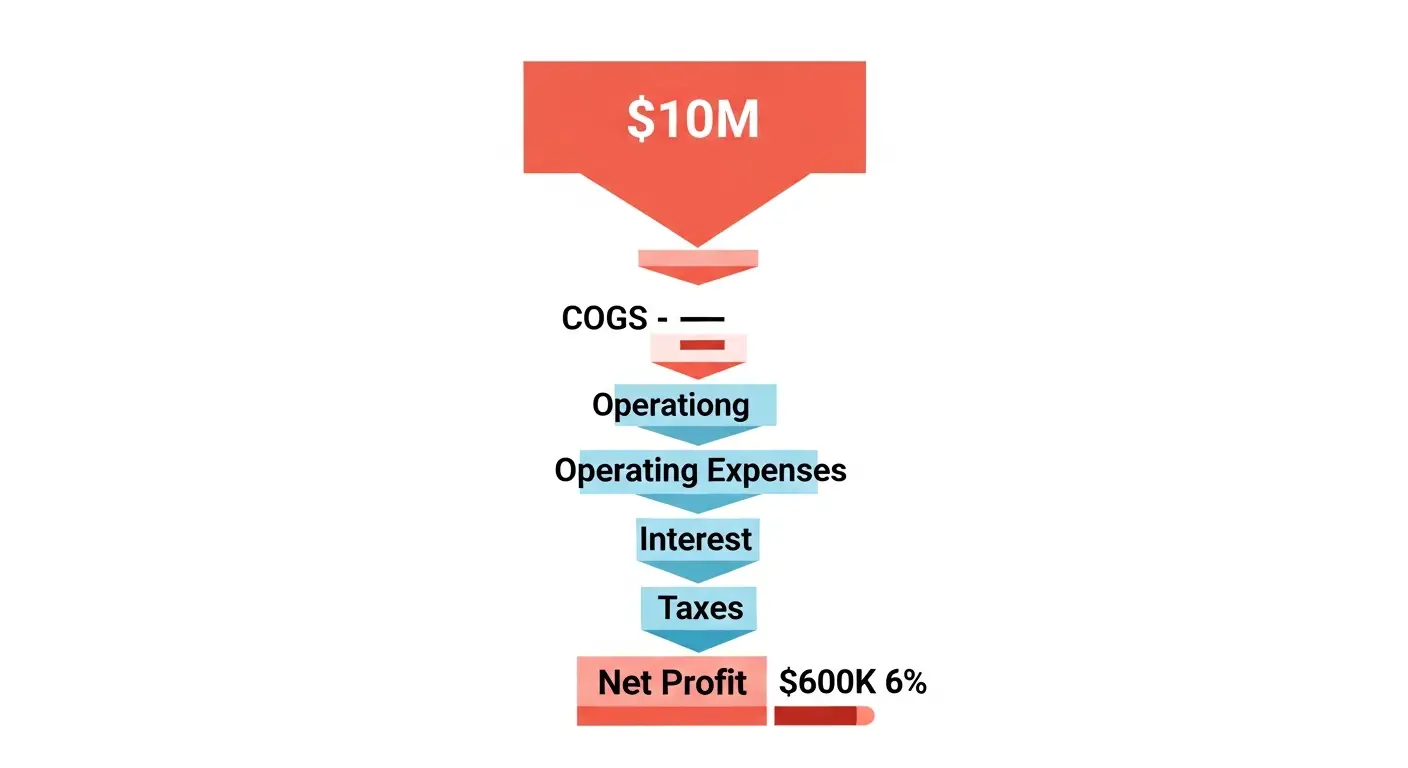 net-profit-formula-supp-27272-replace - SaasCEO.com Waterfall flowchart: Revenue M minus COGS, operating expenses, interest and taxes arriving at net profit of 0K at a 6% margin