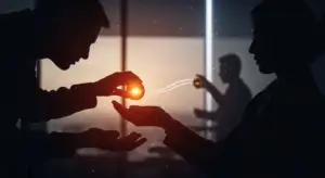 Two silhouetted people exchange a glowing orange orb in a dark room, sparks flying around.