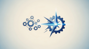 Blue gears connected by lines form a network with a sharp blue compass rose in the center, symbolizing engineering and navigation.