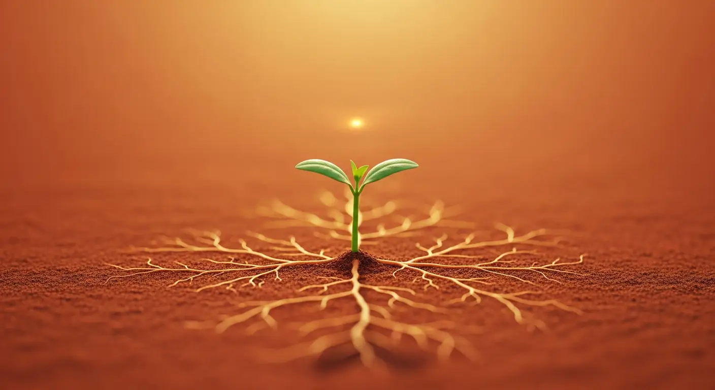 non-tech-saas-founder-guide-replace-1 - SaasCEO.com Your First Technical Hire (The Most Important Hire You Will Ever Make) — A single green seedling emerging from rich terracotta soil at the center of a warm ochre field, fine root tendrils visible spreading outward beneath the surface and a thin amber light catching the new growth from above — one foundational hire from which the technical organization grows.