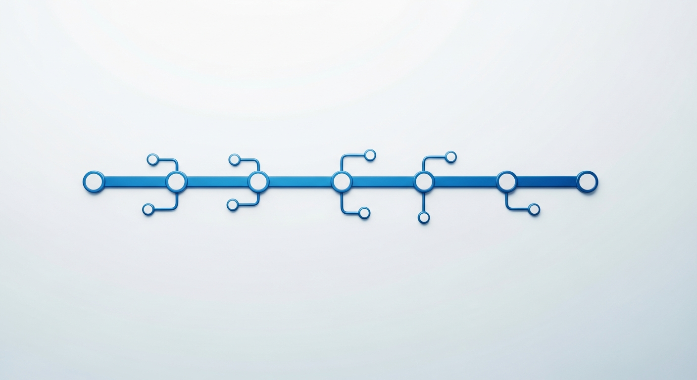 non-tech-saas-founder-guide-roadmap - SaasCEO.com A clean modern minimalist illustration of a horizontal product roadmap track shown front-on as a straight blue timeline rail with several evenly spaced round milestone nodes and small connecting branches above and below it, rendered in smooth blue and steel tones on a bright light off-white and pale-blue gradient background that completely fills the frame edge to edge, soft and even studio lighting so the top edge, bottom edge and all four corners are equally bright with no shadows, no vignette, no dark borders and no dark bands anywhere, no people, every node and surface left completely blank with absolutely no text, letters, numbers, words, or symbols of any kind