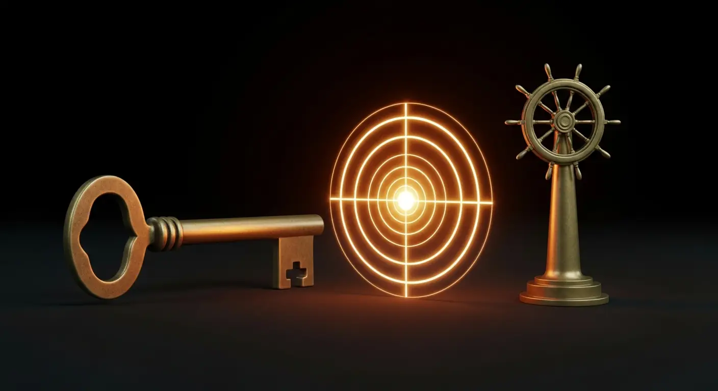 outbound-lead-generation-services-b2b-saas-supp-24832-replace - SaasCEO.com Antique brass key on the left, glowing central target with concentric rings, and a brass ship wheel on a pedestal to the right