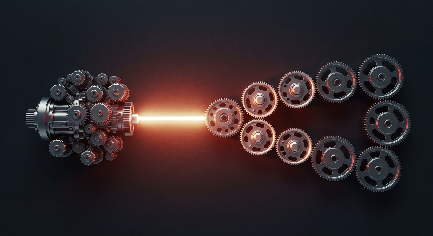 outsourced-saas-sales-hero - SaasCEO.com When Outsourced SaaS Sales Fits — Two complementary mechanical assemblies viewed from above —