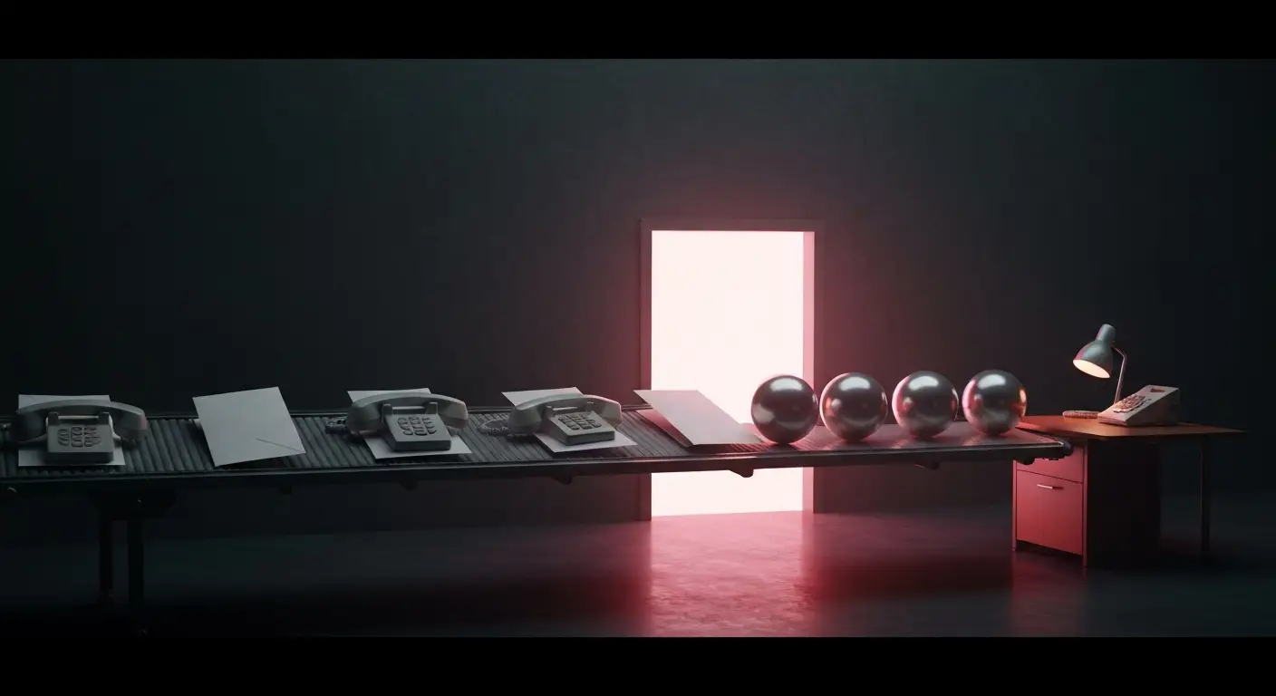 outsourced-sdr-hero-1 - SaasCEO.com Outsourced SDR outreach converting into booked meetings — a conveyor belt of envelopes and telephone receivers emerging through a glowing doorway as bright polished spheres