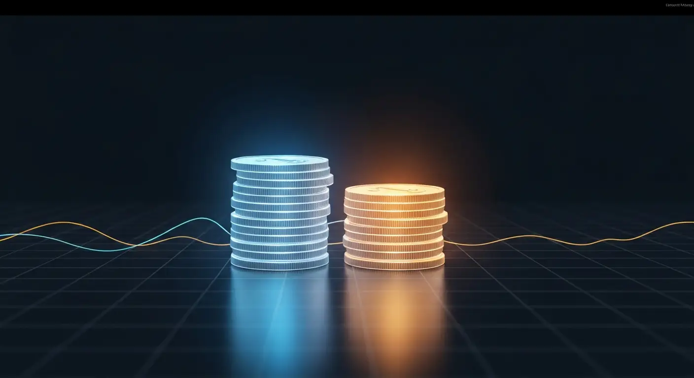outsourced-sdr-hero-2 - SaasCEO.com In-house vs outsourced SDR cost comparison — two transparent columns of stacked coins side by side, one tall and blue, one shorter and amber