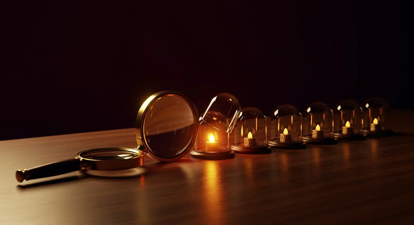 outsourced-sdr-hero-3 - SaasCEO.com Inspecting outsourced SDR meeting quality — a brass magnifying glass beside a row of glass domes holding glowing embers, one lifted and burning brightest