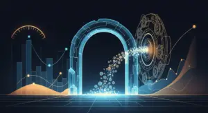 outsourced-sdr-hero - SaasCEO.com - SaasCEO.com Futuristic glowing blue portal opening, with data charts and circular circuitry on a dark background.