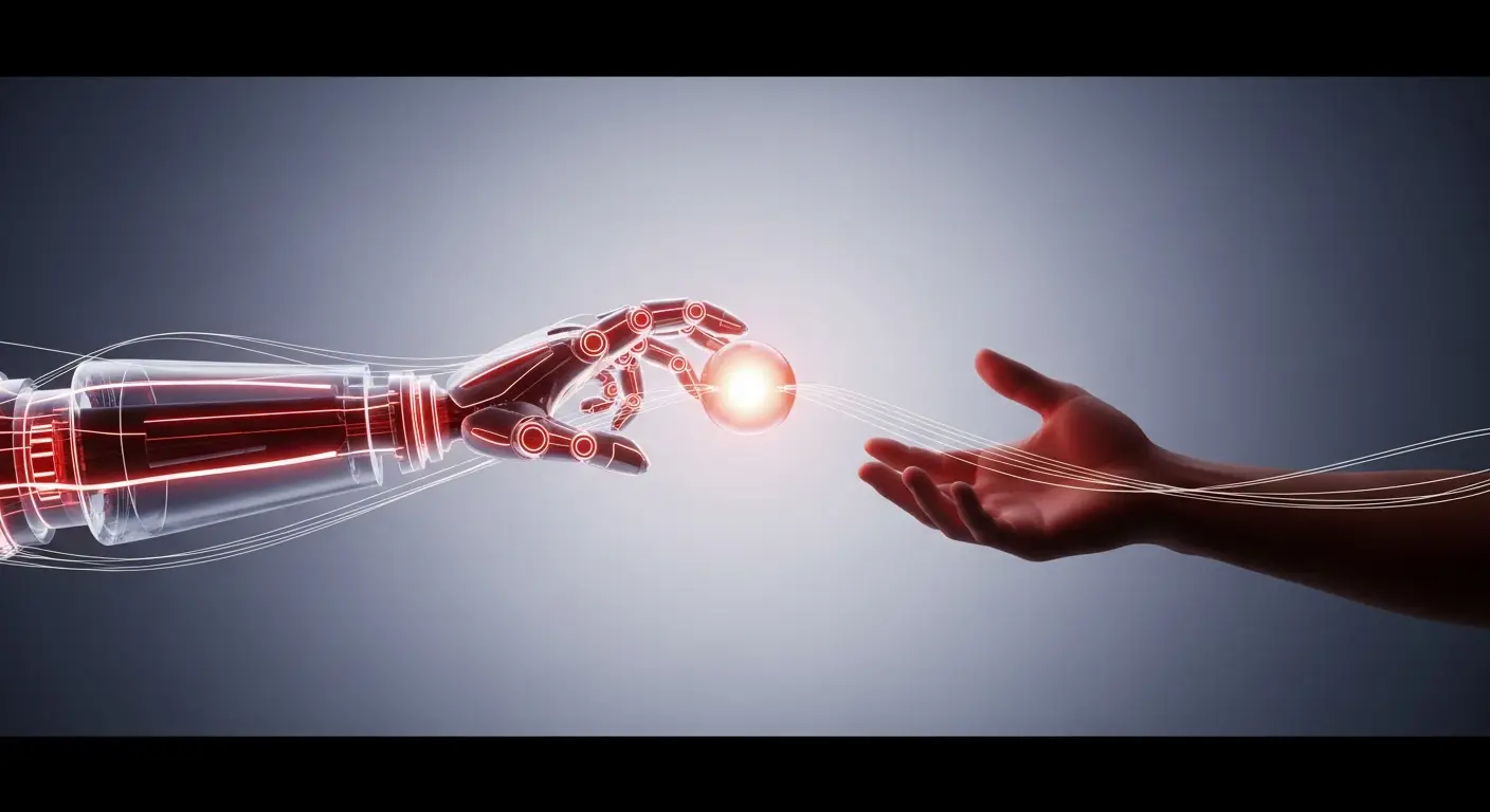 outsourced-sdr-hero-4 - SaasCEO.com AI tools reshaping the outsourced SDR role — a translucent robotic arm passing a glowing orb to an outstretched human hand