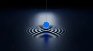 penetration-pricing-hero - SaasCEO.com - SaasCEO.com Blue ball suspended by a string above a dark, rippling water surface, creating concentric circles around the point of contact.