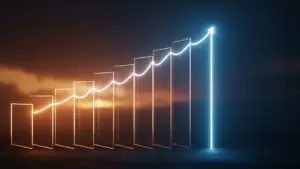 pitch-deck-examples-new-hero - SaasCEO.com - SaasCEO.com Neon bar chart with glowing upward curve showing growth from left to right in a dark setting.
