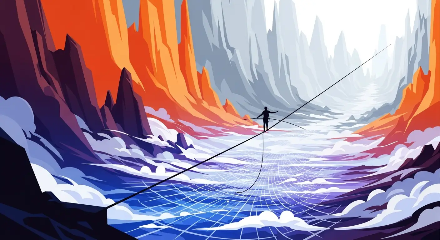 placeholder-23964-common-mistakes-b2b-saas-ceos-make-a-tig-1 - SaasCEO.com Common Mistakes B2B SaaS CEOs Make — A tightrope stretched over a dramatic landscape, with safety